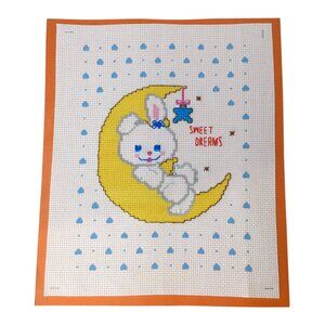 Finished Ready to Frame Cross Stitch Handmade Sweet Dreams Crescent Moon Bunny